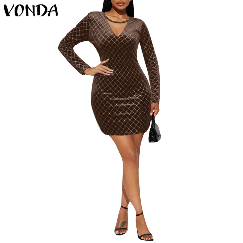 Vonda ชุดเดรสคอกลม Rhinestone สําหรับผู้หญิงวินเทจเซ็กซี่สีทึบ Spliced Rhinestone