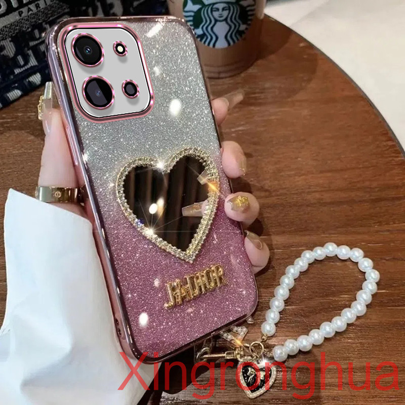 เคสโทรศัพท์สําหรับvivo Y28 4G Y18 Y03 Y17S Y16 Y15S Y01 Y22 Y22S Y02A Y02Tหรูหราเครื่องสําอางแต่งหน้ารักกระจกนุ่มสร้อยข้อมือเชือกเส้นเล็กฝาครอบโทรศัพท์