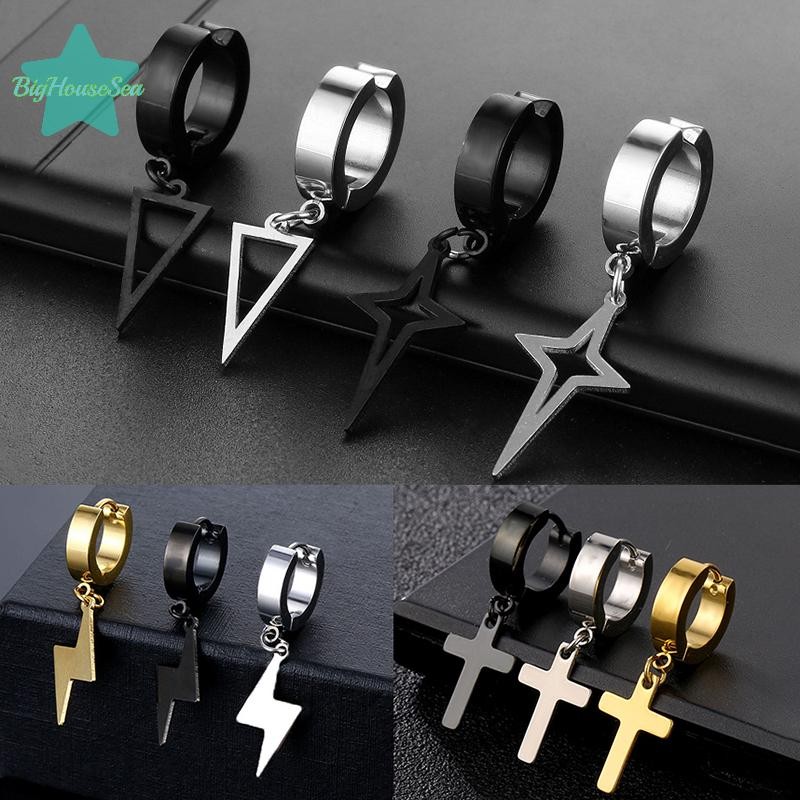 [BigHouseSea] 1 PC Unisex สแตนเลส Punk Man คลิปสีดําบนต่างหูเรขาคณิตสามเหลี่ยม Star จี้ Dangle ต่างหูผู้หญิงเครื่องประดับโกธิคใหม่