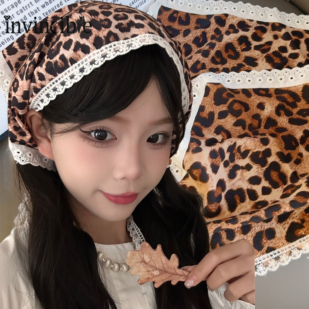 Vintage French Leopard Triangle Headscarf-Retro Lace Leopard Bandana Headband-ผู้หญิงผมผ้าพันคออุปกร