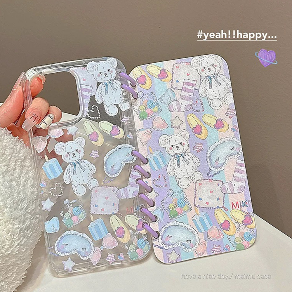 Flip Bracket Notepad หมีน้อยน่ารักหนังเคสโทรศัพท์สําหรับ iPhone 16 Pro Max 16 Plus 15 Pro Max 14 13 12 11 กันกระแทกป้องกันปลอก