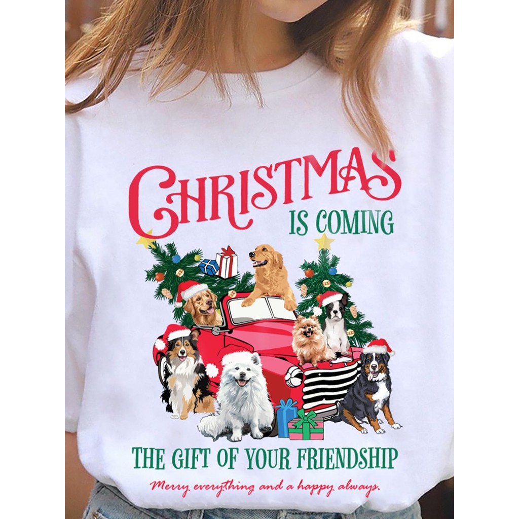 (พร้อมส่ง)เสื้อยืด Christmas is coming (งานสกรีนดิจิตอล  มี 5 สี ดำ ขาว ครีม แดง กรม) - ผ้าคอตตอน