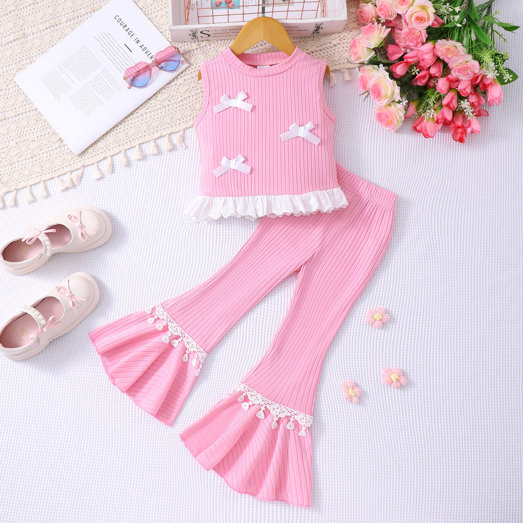 2-7ปี ชุดสีชมพูเด็กสาวเสื้อผ้าชุดเสื้อกั๊กฤดูร้อน + กางเกงขาสั้น2ชิ้นเด็กสาวชุดลําลองแฟชั่นน่ารักวันหยุดเด็กชุด