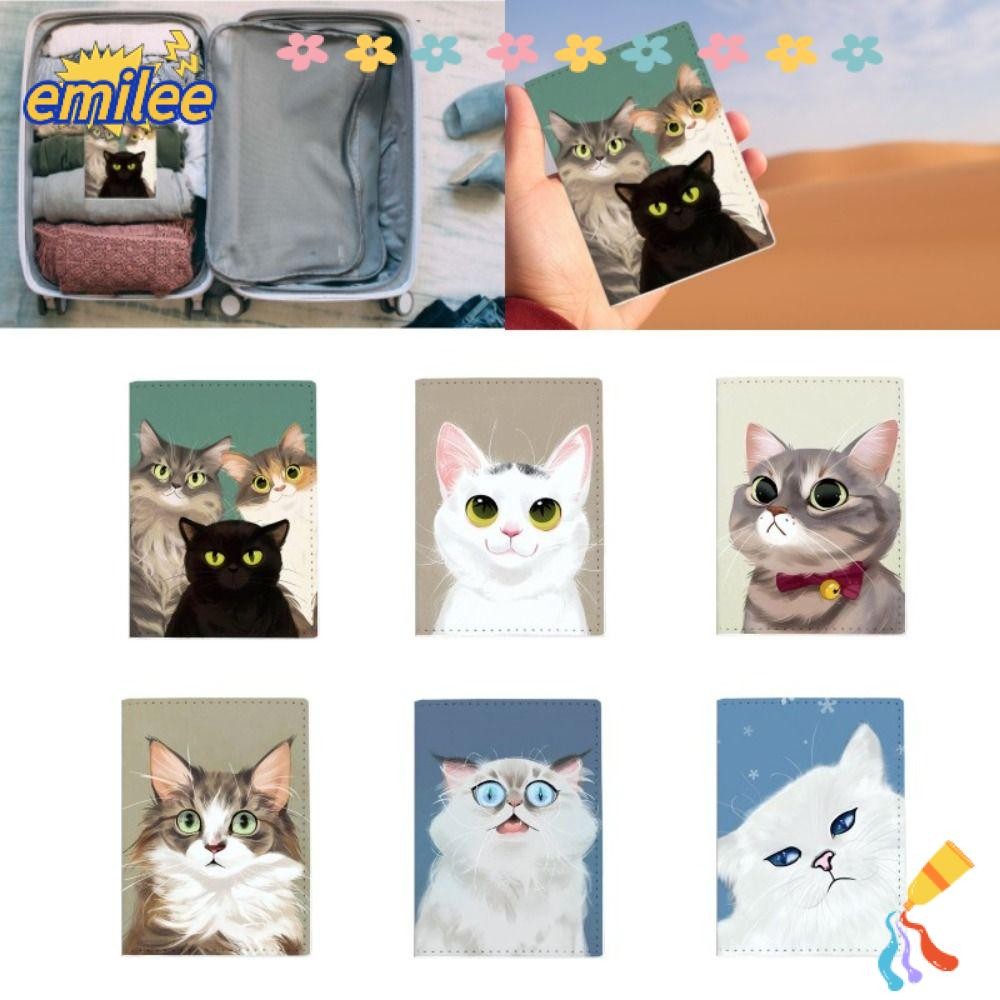 Emilee ที่ใส่หนังสือเดินทางสําหรับเดินทาง, หนังสือเดินทางป้องกันหนัง PU ปกหนังสือเดินทาง, ชุดการ์ตูนน่ารักมัลติฟังก์ชั่การ์ตูนแมวหนังสือเดินทาง Holde Travel