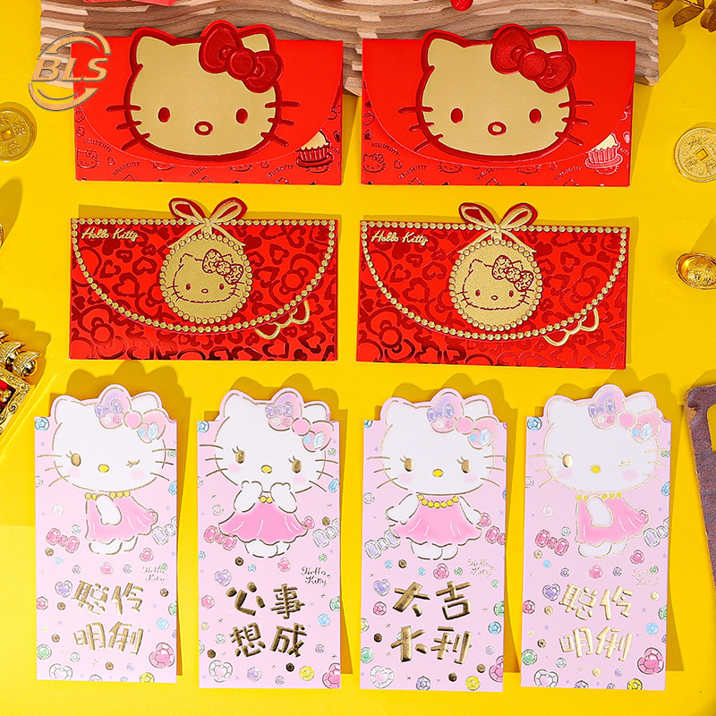 3 ชิ้น/เซ็ตน่ารักการ์ตูนลายคิตตี้เทศกาลฤดูใบไม้ผลิซองจดหมายสีแดง-ตรุษจีนพรเด็กแพ็คเก็ตสีแดง