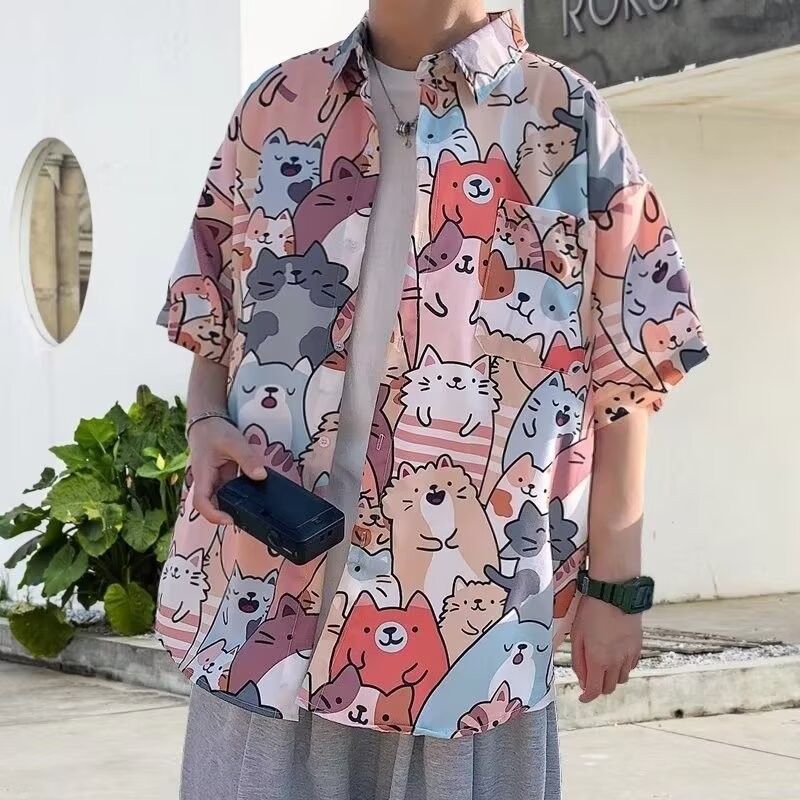 การ์ตูนลูกแมวเสื้อผู้ชายฤดูร้อนแขนสั้นแจ็คเก็ตแนวโน้ม ฮาวายหลวม