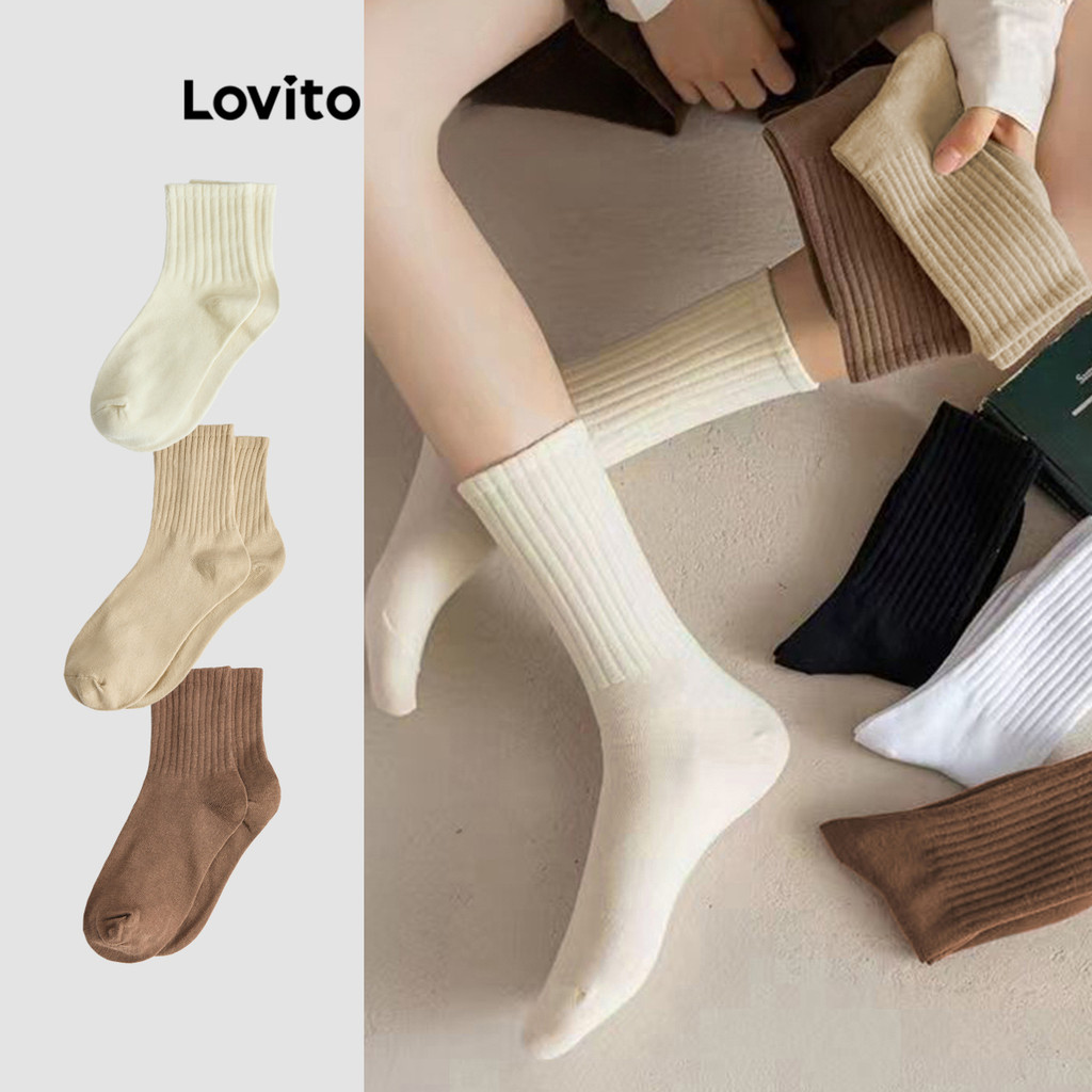 Lovito ถุงเท้ากีฬาครึ่งแข้ง ระบายความชื้น ผ้านุ่ม สีพื้น สไตล์ลำลอง สำหรับผู้หญิง L8LD087 ( สีขาว / ออฟไวท์ / สีกากี / สีน้ำตาล / สีดำ)
