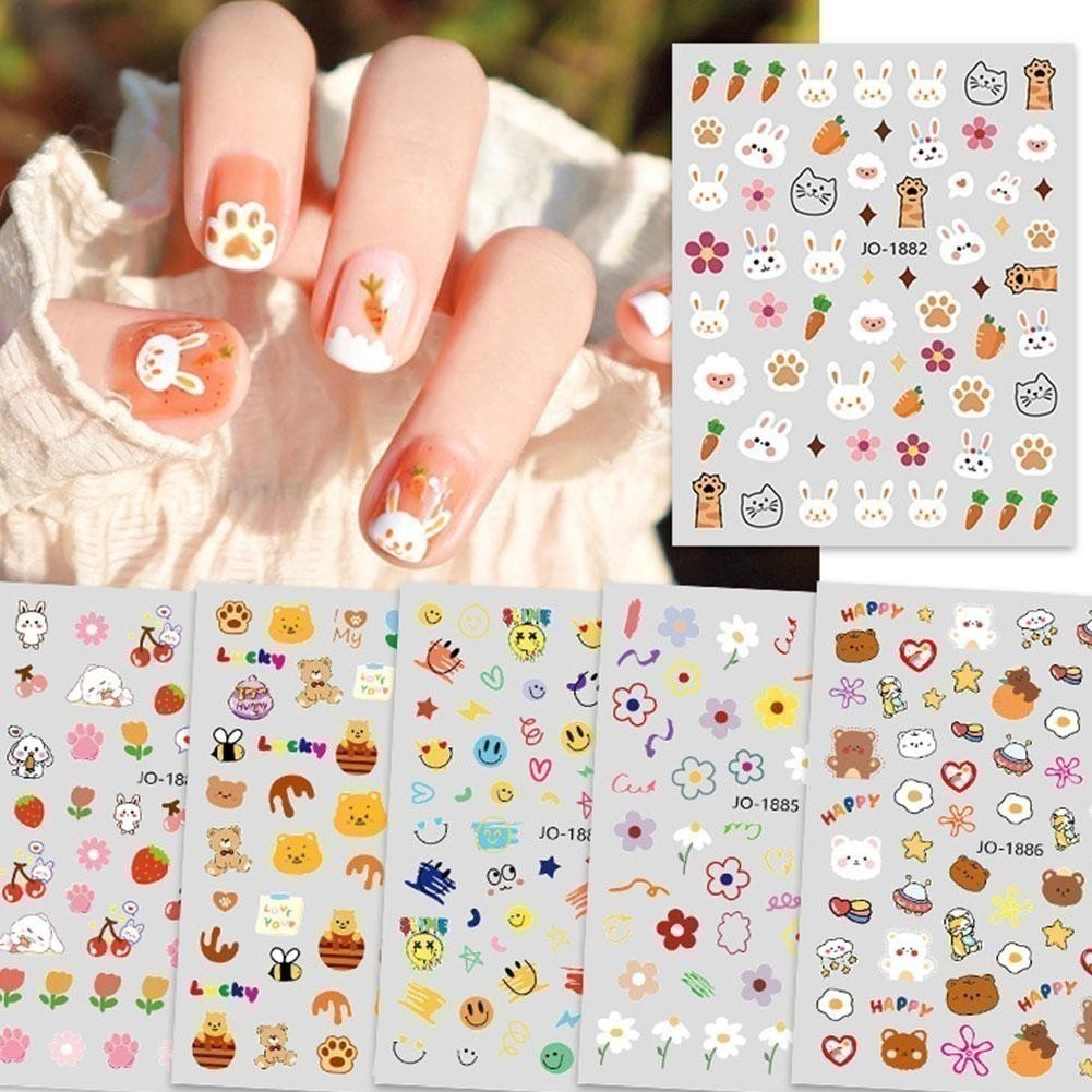 สติกเกอร์เล็บหมีน้อยน่ารักกระต่ายน้อยแครอทดอกไม้สีชมพูทิวลิปสติกเกอร์เล็บที่มีสีสัน ม7x0