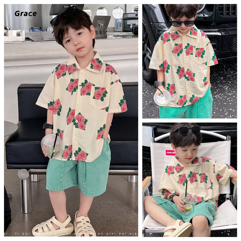 [Grace] เสื้อเด็กผู้ชาย 2025ฮาวายวันหยุดลมเสื้อดอกไม้เต็ม...GR335#