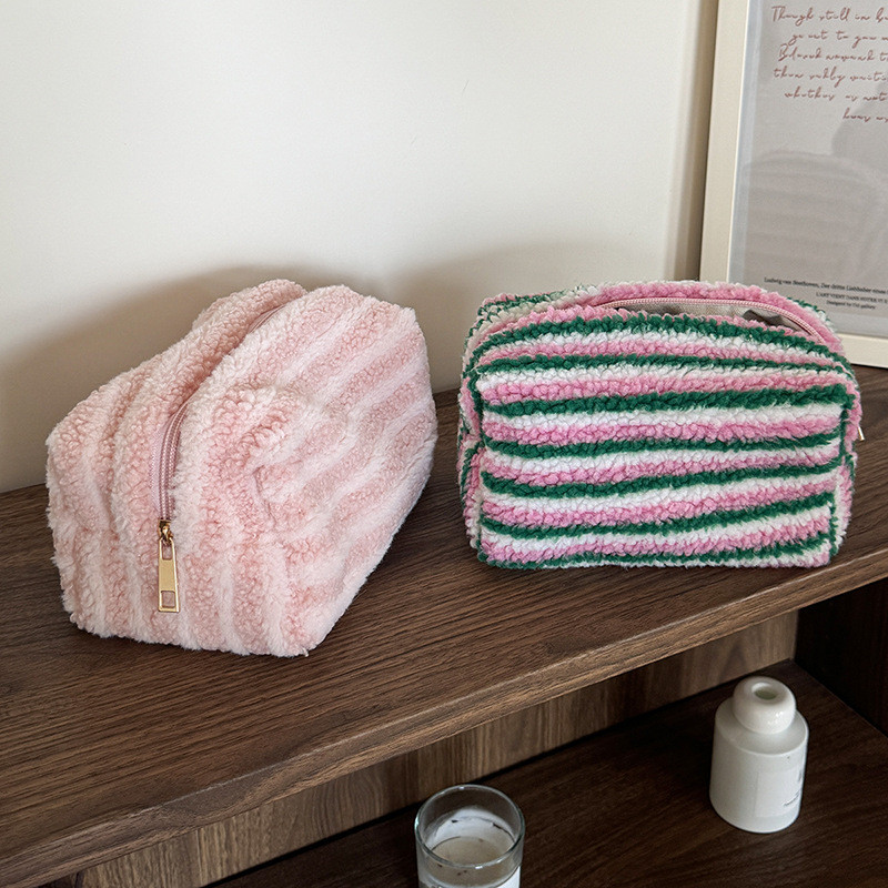 Plus Plush Contrast Color Stripes Fashion Girls Cosmetic Bag Travel Portable Toiletry Bag Multifunctional Portable Bag Storage Bag