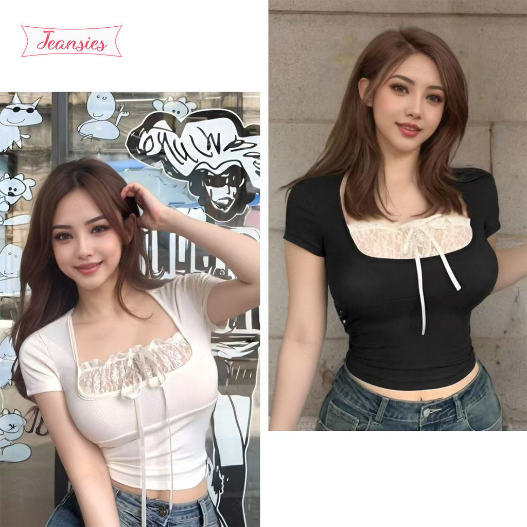 เสื้อครอปคอเหลี่ยมผู้หญิง แขนสั้น ดีไซน์สองชิ้น เทรนด์สุดฮิต