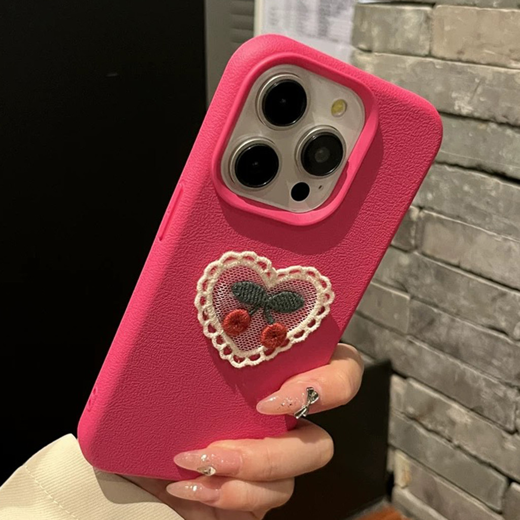 Rose red ปัก handmade cherry เคสโทรศัพท์สําหรับ iPhone 16 Pro Max 16 Plus 15 Pro Max 16 15 14 13 12 11 Pro Max ปลอกนุ่มกันกระแทก