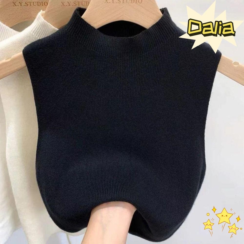 Dalia เสื้อกล้าม,สีทึบแขนกุดถักเสื้อกั๊ก,Elegant Slimming Half-turtleneck Teesเสื้อยืดผู้หญิง