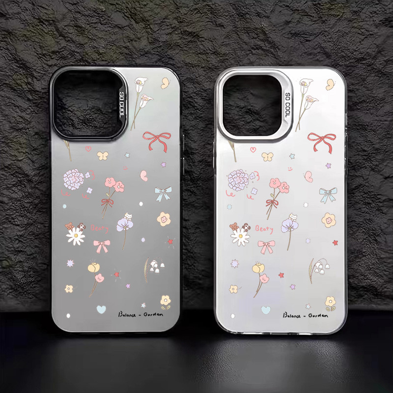 เคสไอโฟน11 สีดำหรูหราซิลิโคนแข็งกรณีโทรศัพท์ for IPhone13 15 7Plus 14 12 11Pro MAX 8 6 7 6S Plusดอกไม้และผูกโบว์