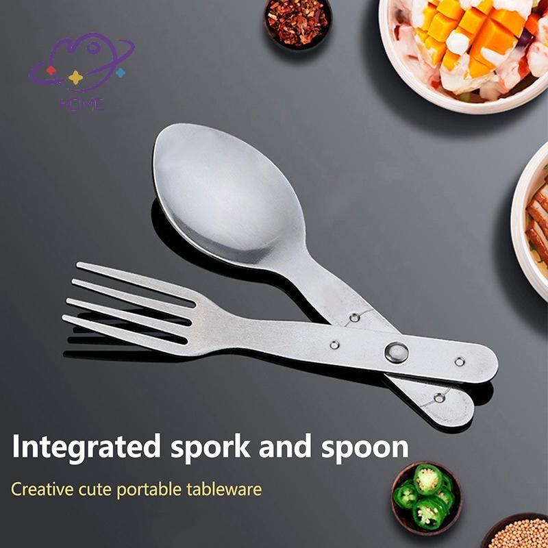 [mayhome] ชุดช้อนส้อมขนมส้อม 2-in-1 สําหรับการตั้งแคมป์กลางแจ้งและปิกนิกแบบพกพาทนทานสแตนเลสมินิช้อนส้อม {TH}