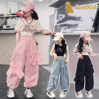 【Sweet Kids】4-14Years Girls Cargo Suits Summer Fashion Short Sleeves Bow-knot Pants Casual Set