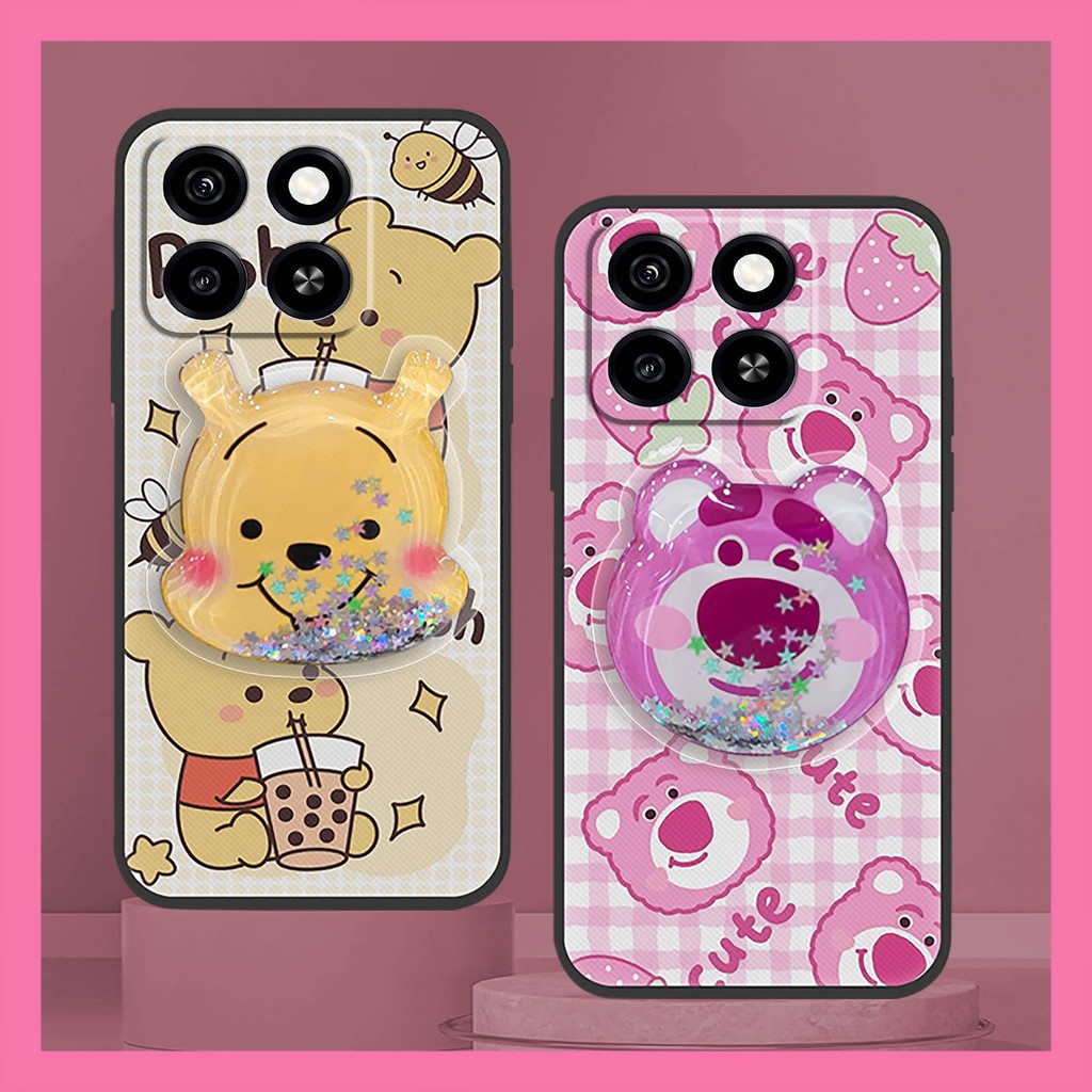 ผิวรู้สึกซิลิโคนป้องกันฝุ่นเคสโทรศัพท์สําหรับ ZTE Blade A35/A55 ทรายดริฟท์ Glitter การ์ตูน Kickstand นุ่มปกหลัง glist ป้องกันน่ารักหมุนได้ขาตั้งทนทาน