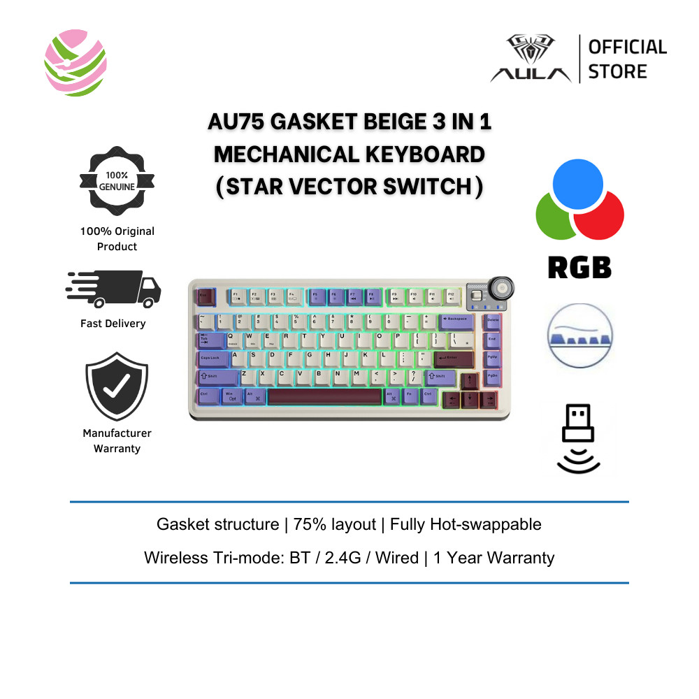 AULA-AU75 ปะเก็น 3 in 1 คีย์บอร์ดแบบกลไกสีเบจ ((BT/2.4G/แบบมีสาย)ปุ่มแบบถอดเปลี่ยนได้,เค้าโครง 75%) 