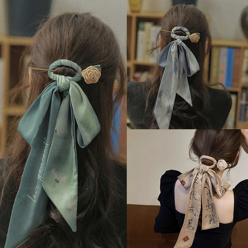 กิ๊บโบราณริบบิ้นโบว์ผ้าพันคอไหม Xuanxue Zen Hairband กิ๊บติดผมดอกไม้