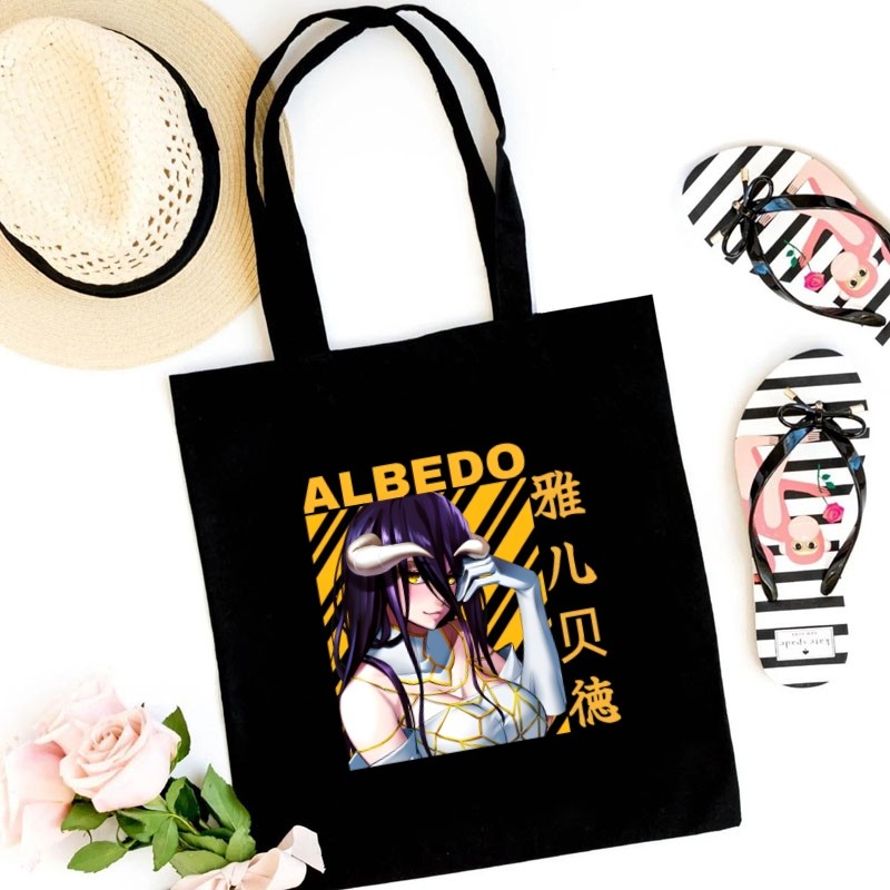 Overlord Anime Albedo Ainz กระเป๋าโท้ทสีดําพิมพ์กระเป๋าถือสตรีนักช้อปผ้าใบความจุสูงกระเป๋าช้อปปิ้งร้