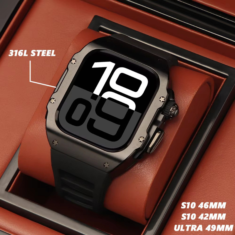 ผู้ชายหรูหราสแตนเลสการปรับเปลี่ยนชุดสําหรับ iWatch Ultra3 2 49 มม.สาย Fluororubber Iwatch Series11 10 46 มม.42 มม.อุปกรณ์เสริม 44 45 มม.