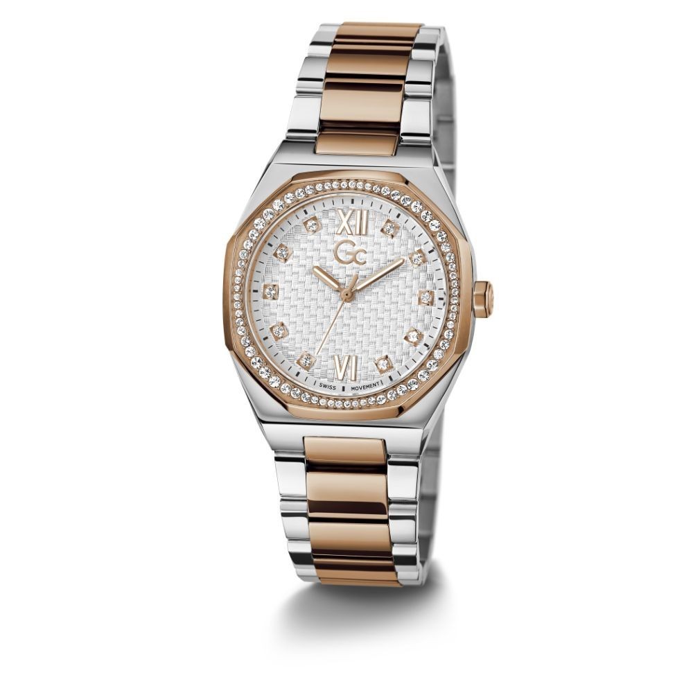GUESS GC นาฬิกาข้อมือผู้หญิง รุ่น Coussin Sleek Lady Z25001L1MF สีเงิน / โรสโกลด์