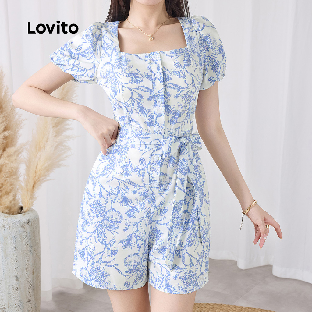 B132-3-จั๊มสูทกางเกงขาสั้นลายดอกไม้คอเหลี่ยมแขนพอง-JRB132P2D461