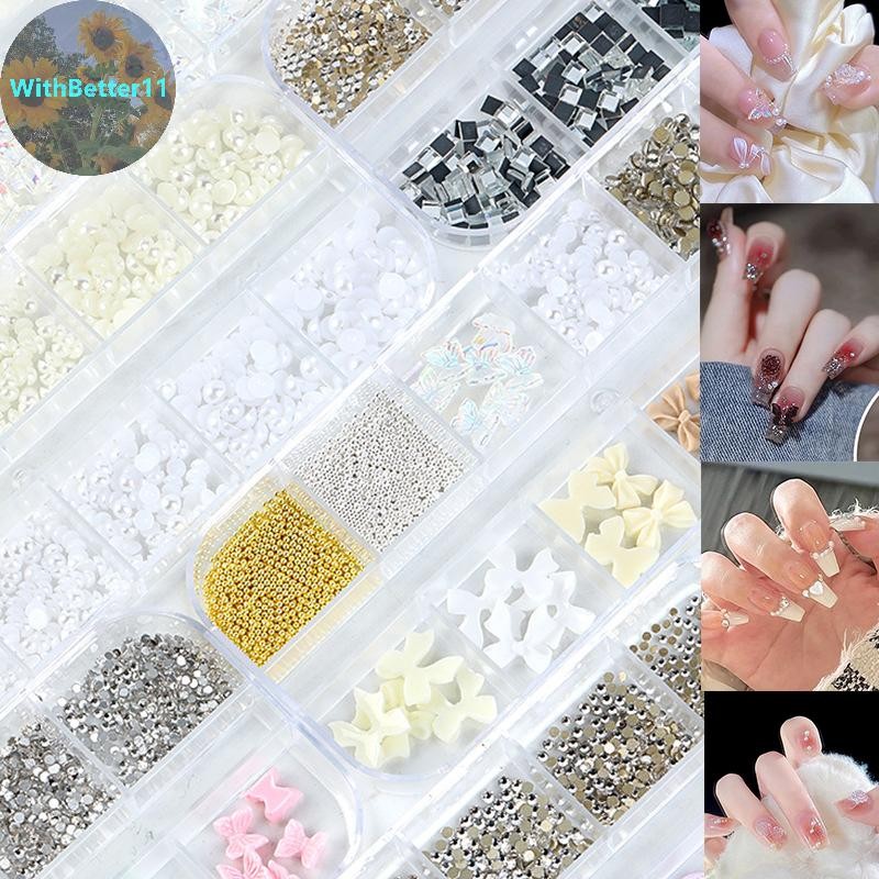 1 กล่อง DIY ตกแต่งเล็บ 3D Pearl Rhinestones กุหลาบคริสตัลเล็บเจาะสําหรับเล็บออกแบบอุปกรณ์เสริม TH