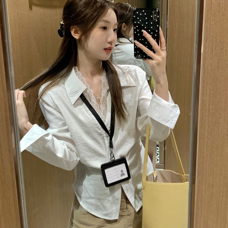 ความฉลาดสูง สไตล์เสื้อเชิ้ตแขนยาวคอปกพับ ลูกไม้สีขาว สไตล์เรโทร หลายชั้น ดีไซน์หลากหลาย เสื้อคลุมเอว