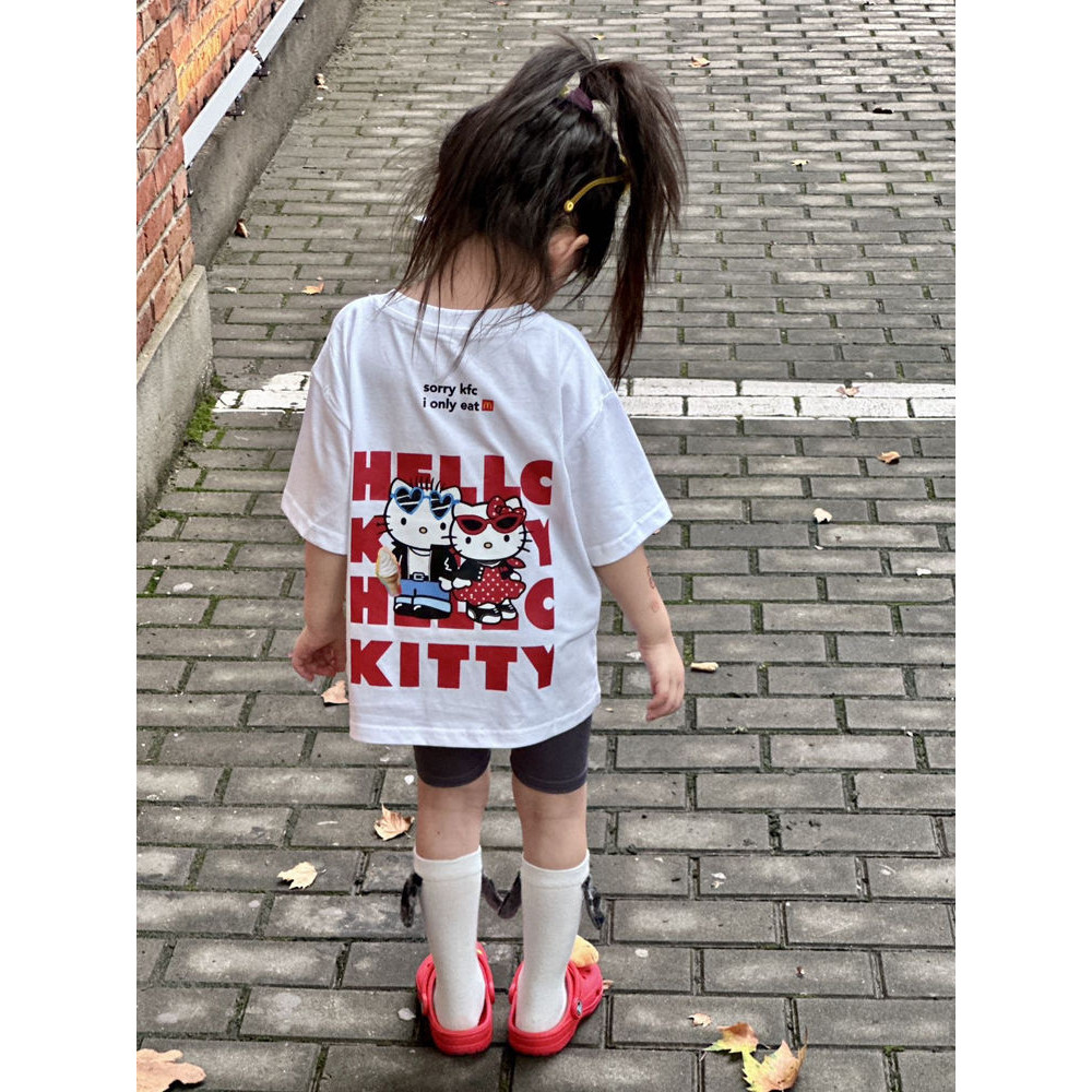 ฤดูร้อนเด็กสไตล์ใหม่สาวน่ารักการ์ตูนพิมพ์ผ้าฝ้ายแท้แขนสั้นหลวมเสื้อยืดทุกการแข่งขันบางขนาดกลางขนาดเล็กเด็ก