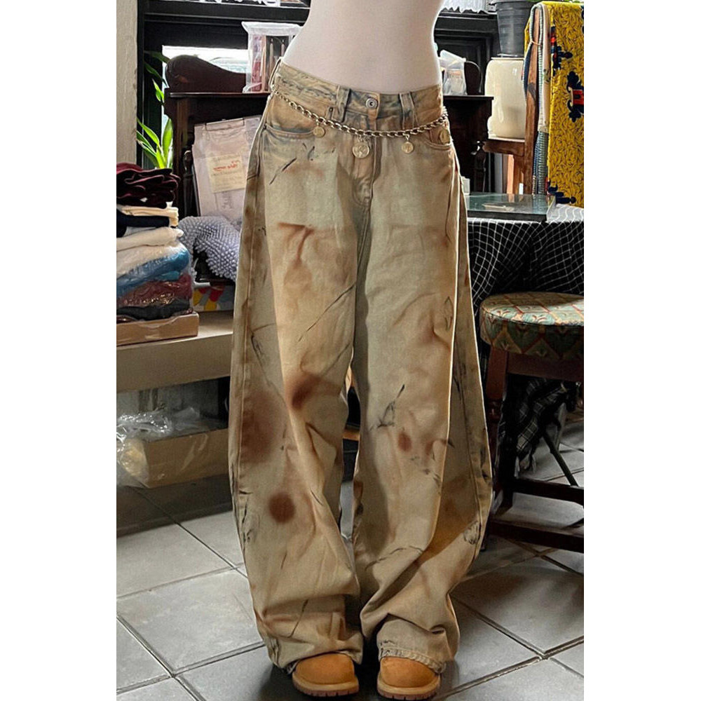 ไขมัน mm อเมริกัน Wasteland สไตล์ Tie-Dye สกปรกกางเกงยีนส์ผู้หญิง Plus ขนาด Niche Street สาวร้อนหลวม Slimmer ดูกางเกงขากว้าง 5.10