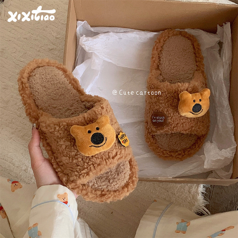 XIXITIAO รองเท้าแตะอุ่นหัวหมี Furry หญิงหนา Soled บ้านสบาย