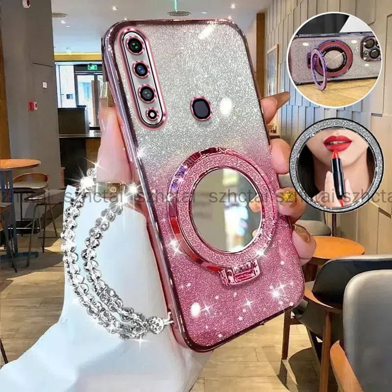 ปลอก Huawei y6p y9 prime 2019 y9s เคสโทรศัพท์แวววาวด้วยไฟฟ้าหรูหราพร้อมที่ใส่กระจกแต่งหน้าความงามพร้อมสร้อยข้อมือเชือกเส้นเล็กเคสนุ่ม