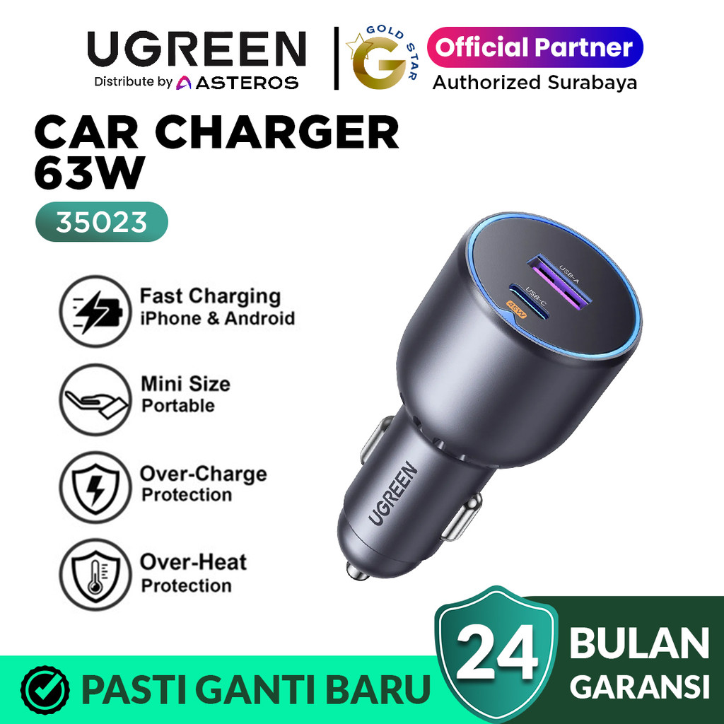 UGREEN Car Charger Dual Port USB A & Type C PD QC Fast Charging 63W 35023