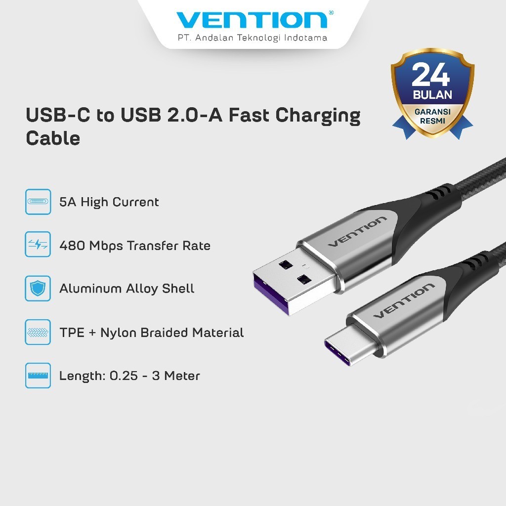 Vention USB Type C to USB 2.0 A สายถักผ้าฝ้ายชาร์จเร็ว 25CM 50CM 1M 1.5M 2M 3M - COF