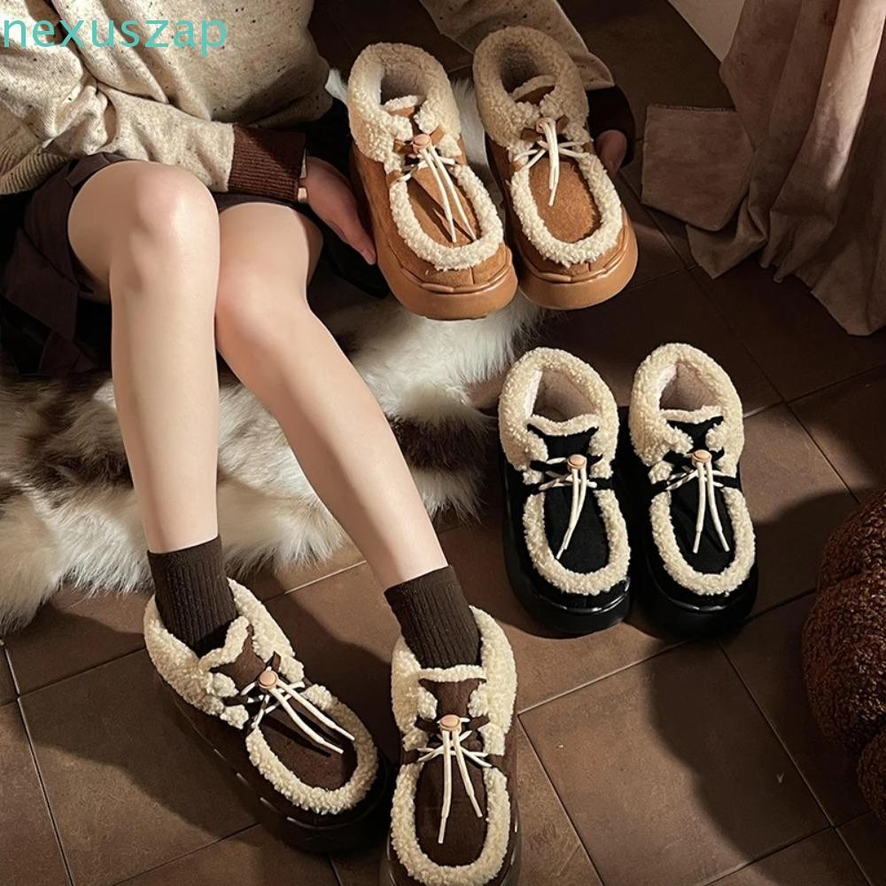NEXUSZAP Plush Snow Boots,แพลตฟอร์มLace Up Furข้อรองเท้า,แฟชั่นหนาSoft-Soledรองเท้ารองเท้าแบนผู้หญิงหญิง