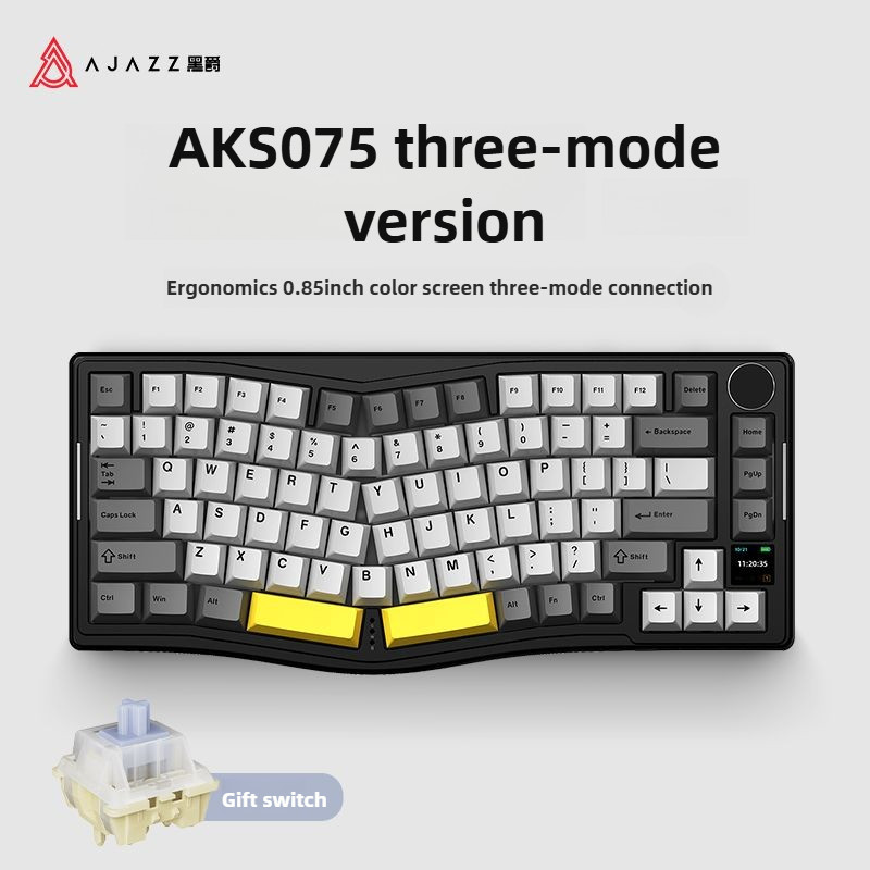 AJAZZ AKS075 Wireless Mechanical Keyboard With Screen Bluetooth Three Mode Wave Shaped Design Game O