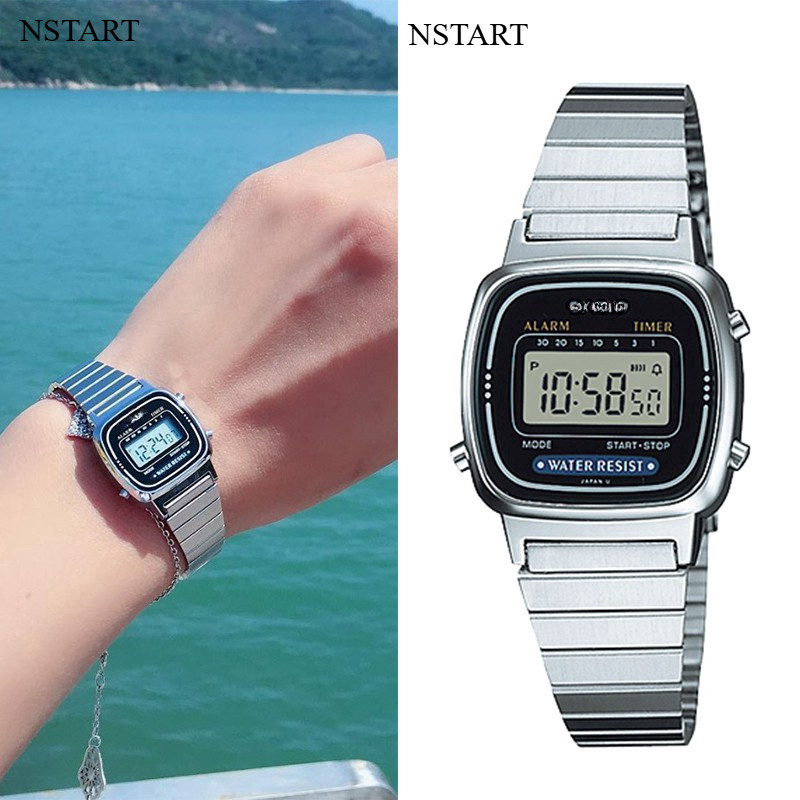 NSTART La670 Sliver สีดําสุภาพสตรีสาว Retro Vintage Mini Dial Digital Quartz นาฬิกาสแตนเลส La-670 La