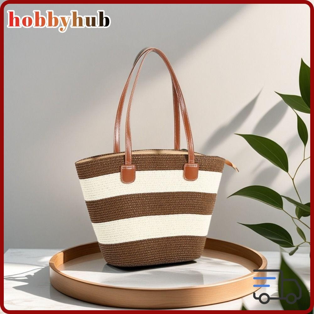 HOBBYHUB Tote Bag,กระเป๋าสะพายทอลายทางความจุขนาดใหญ่,กระเป๋าชายหาดวันหยุดซิปสี่เหลี่ยมฟาง