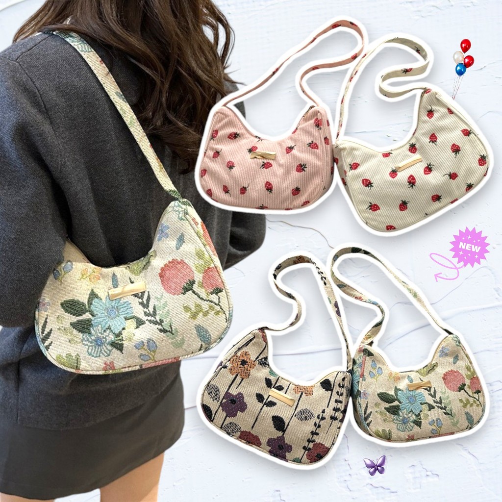 (w261)กระเป๋าสะพายไหล่ คล้องแขน ถือเก๋ๆ ผ้าร่องทรงสวย ใส่ของจุกจิก
