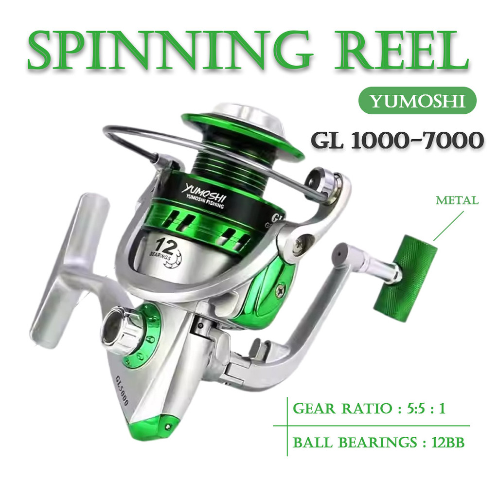 Yumoshi รอกสปินนิ่ง "GL1000-5000" รอกตกปลา Spinning Reel รอบ 5.5: 1 / 12 BB (สีเขียว น้องกบ) ตกดีทุกหมาย *พร้อมส่ง*