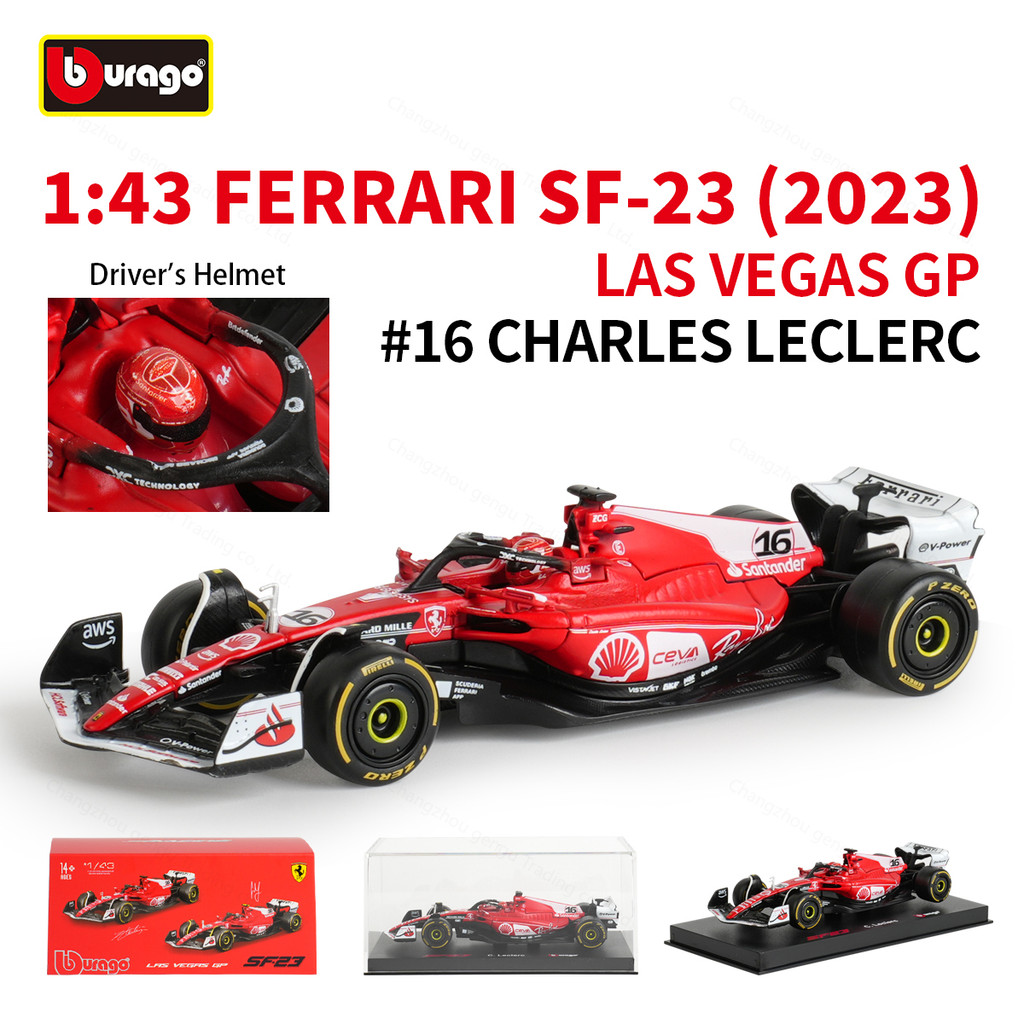 Bburago 1:43 Ferrari LasVegas 2023 SF23 #16 F1 สูตรรถ Die Cast ยานพาหนะสะสมของเล่นแข่งรถกล่องอะคริลิค