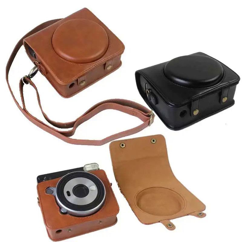 Protective Case Brown/Black PU Leather Camera Bag with Strap for Fujifilm Instax Square SQ6 Instant 