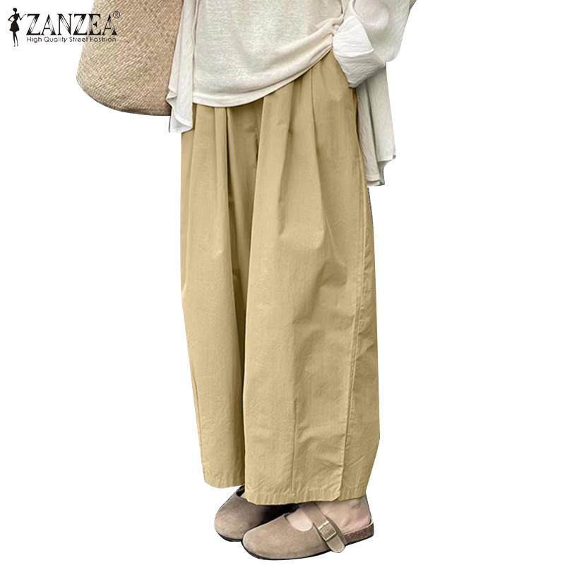 ZANZEA ใส่ ซานเซีย ผู้หญิงเกาหลีสบายๆเอวยางยืดกระเป๋าสีธรรมดากางเกงขากว้าง — صورة 6