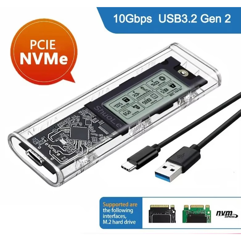 กล่องใส่ SSD โปร่งใสพร้อมจอแสดงผลอัจฉริยะ SATA SSD อะแดปเตอร์ USB 3.2 ประเภท C M.2 NVclosure/NGFF Tourist Protocol