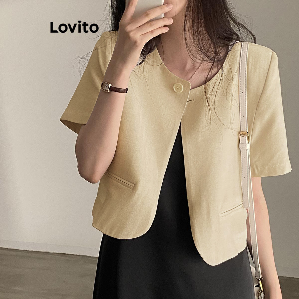 Lovito เบลเซอร์ผู้หญิง มีมีกระดุม สีพื้น สไตล์ลำลอง LNM69297