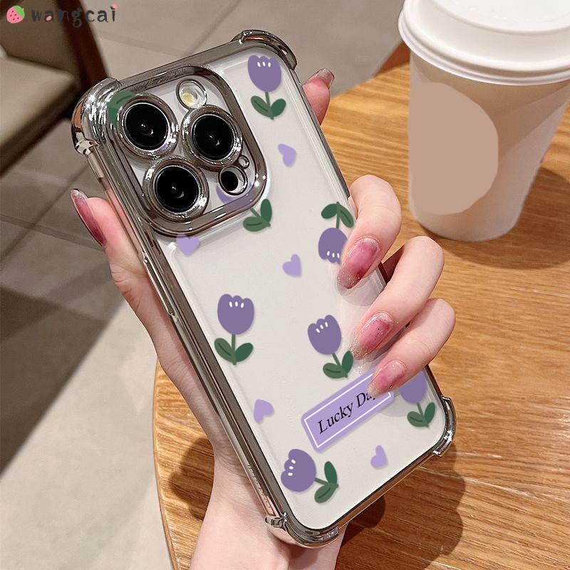 สําหรับ OPPO Reno 13F 13 A5 Pro F A60 Reno13 เคสโทรศัพท์น่ารักดอกทิวลิปสีม่วงดอกไม้ดอกไม้ป้ายรักลายจุดชุบเรียบง่ายหรูหราโปร่งใสนุ่มกรณีปกหลัง