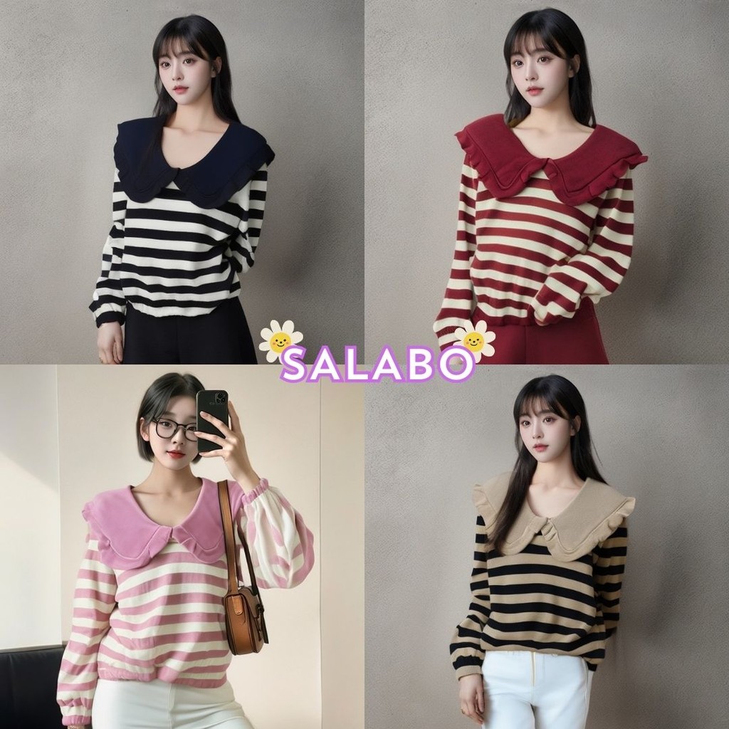 🥑Salabo🥑เสื้อไหมพรมแขนยาวคอปกใหญ่ น่ารัก สไตล์เกาหลี  #J29