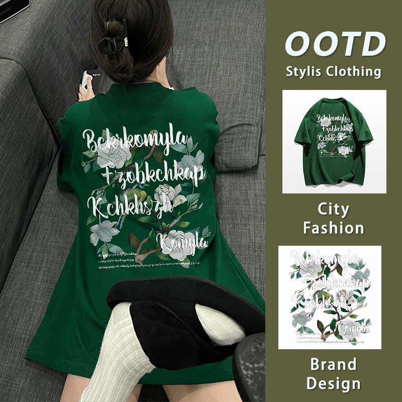 ส่งจากไทย มาใหม่ เสื้อยืดแขนสั้น ลายเยอะ ลายดอกไม้ โอเวอร์ไซซ์ 100%cotton alphabettshirt YG989