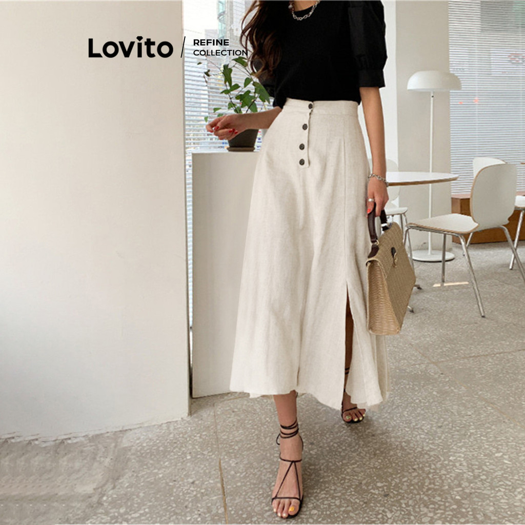 (Lovito Refine) กระโปรงแยกกระดุมธรรมดาสบาย ๆ สำหรับผู้หญิง L104ED560